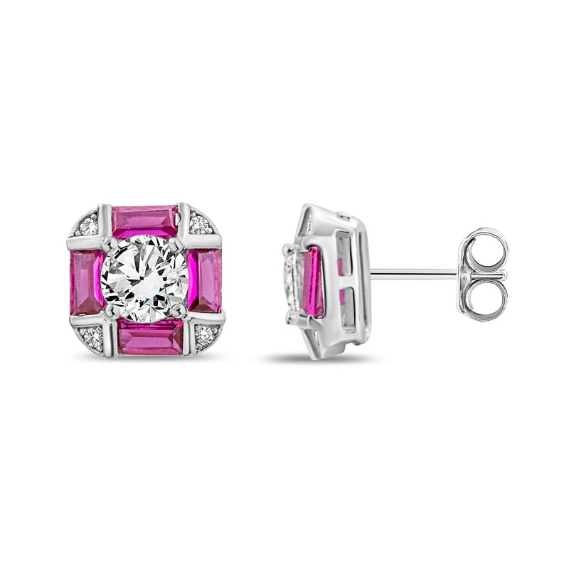 Ruby-coloured CZ Square 'Deco' Sterling Stud Earrings - Click Image to Close
